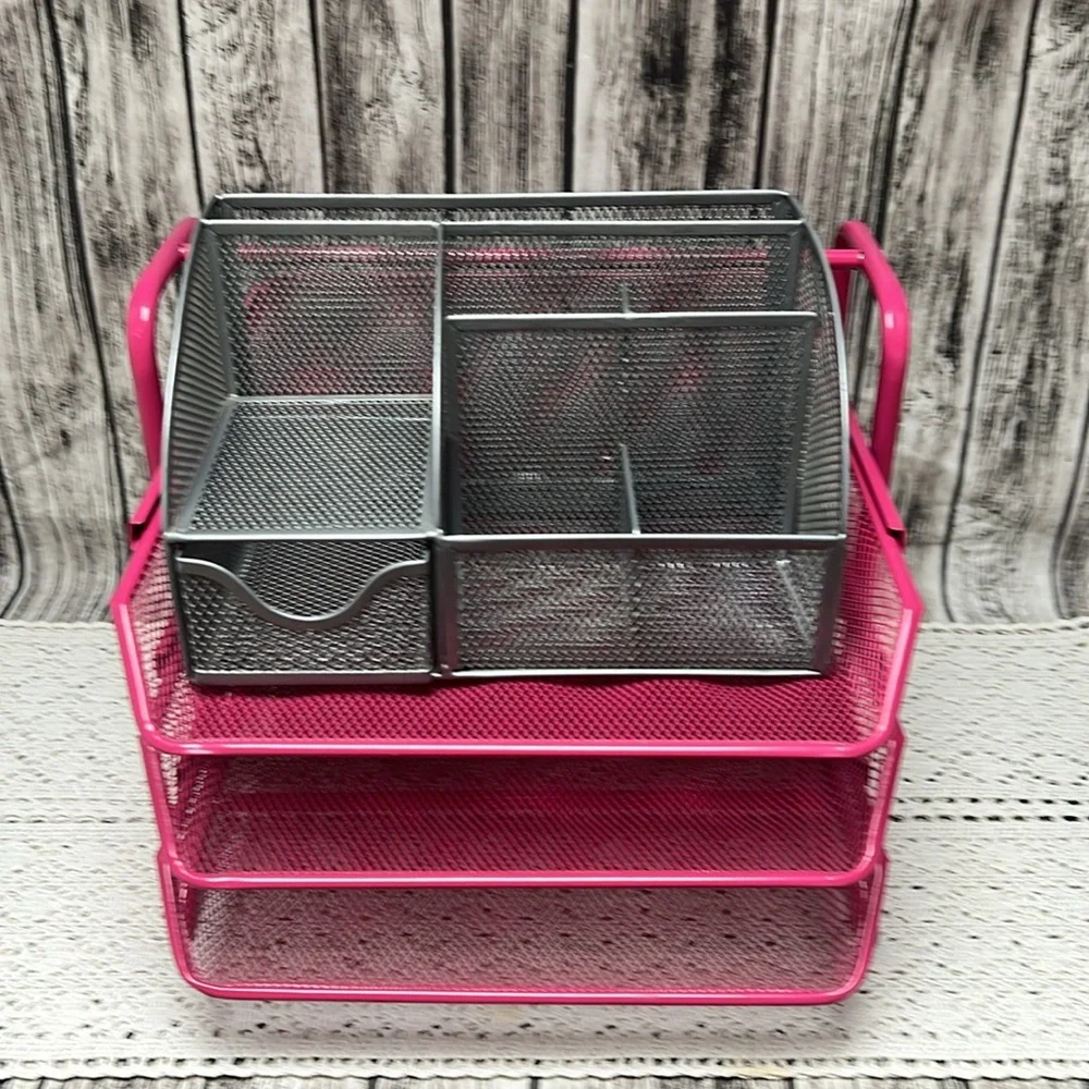 Pink and Gray Mesh Desk Organizer 2 piece set. Organization for papers,pens etc.